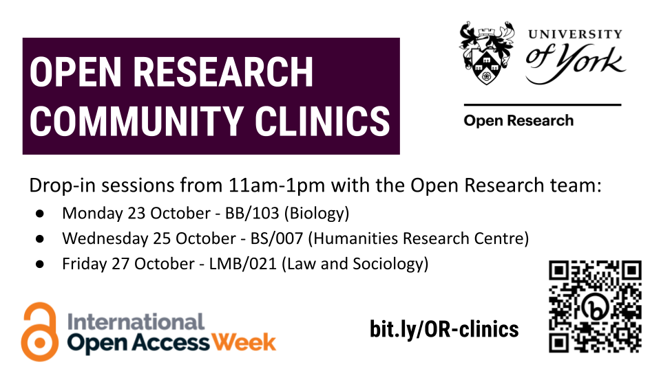 Open Research Community Clinics poster with same information about drop-in sessions as provided on this page