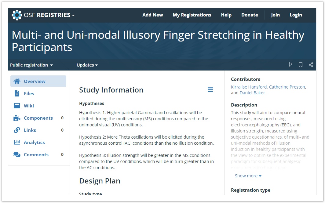 Screenshot from OSF Registries page, 'Multi- and Uni-modal Illusory Finger Stretching in Healthy Participants' 