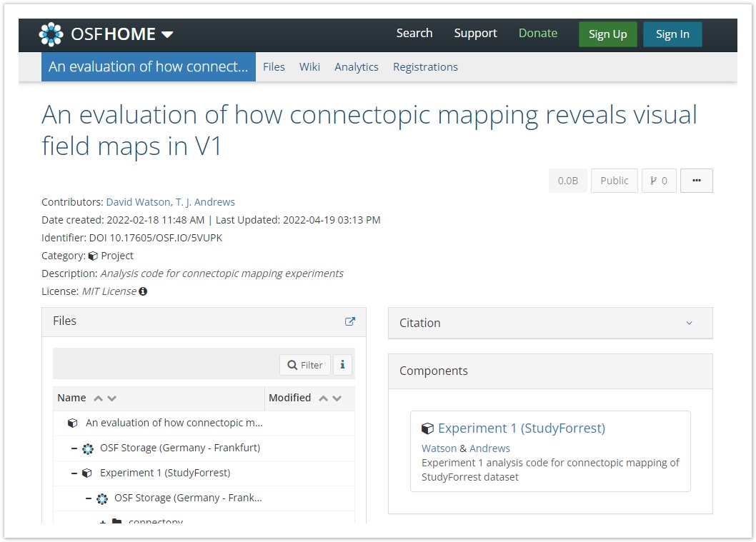 Screenshot from the OSF project page, 'An evaluation of how connectopic mapping reveals visual field maps in V1'
